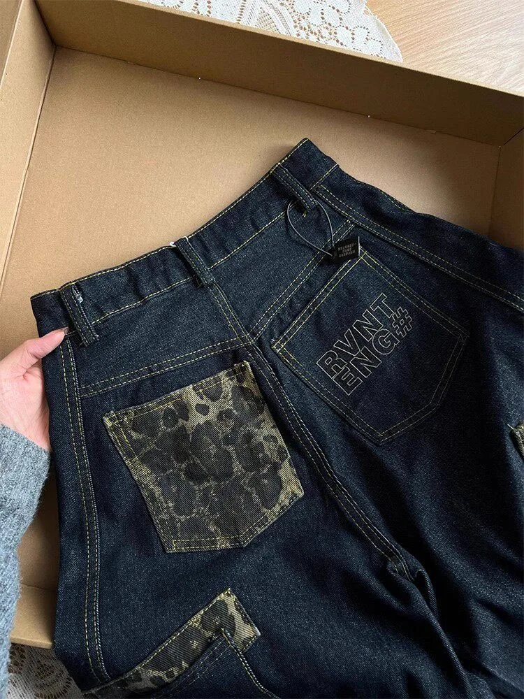 

American Style Retro Leopard Print Patchwork Wide Leg Jeans Women's Spring Autumn Loose Slimming High Waist Denim Pants