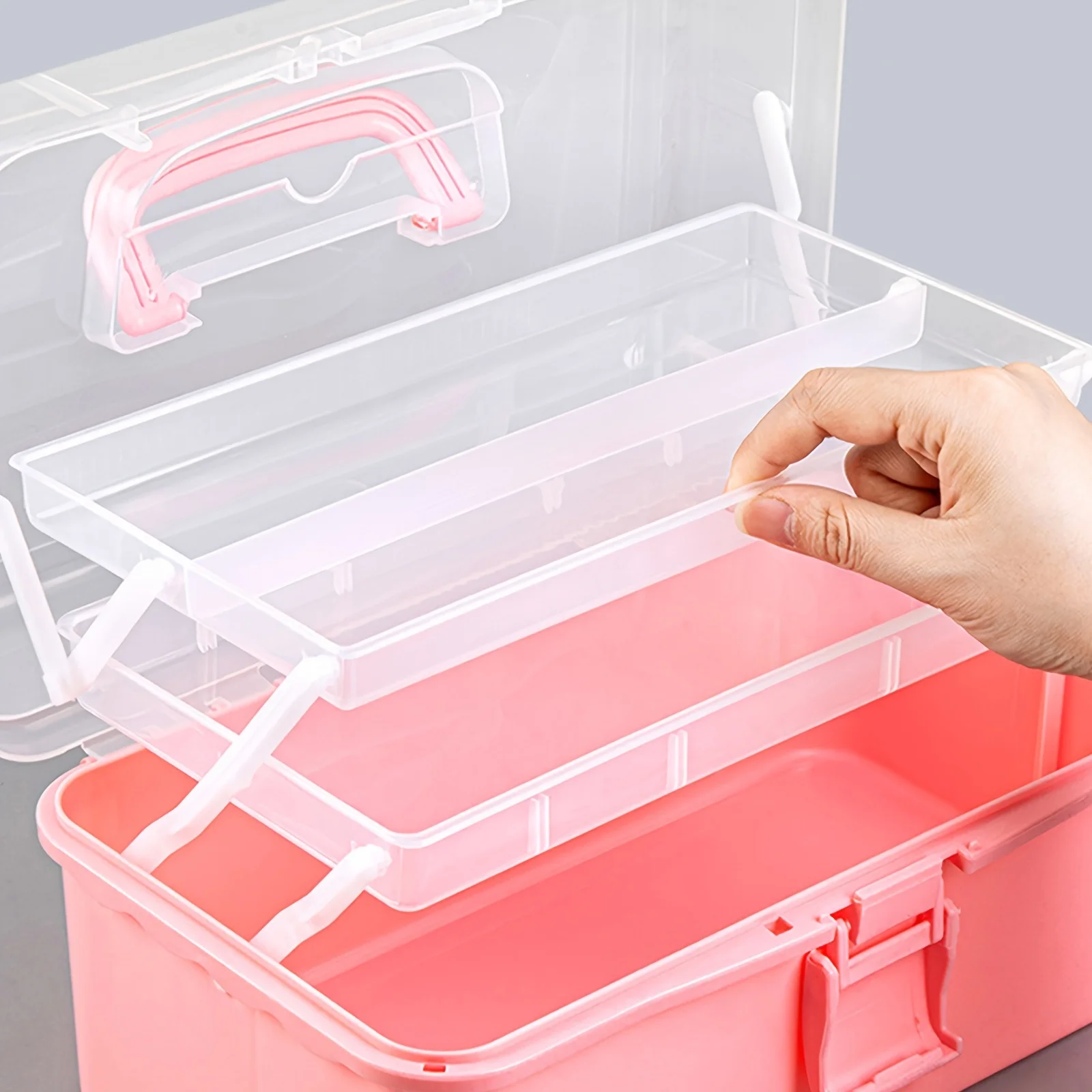 11\'\' Clear Plastic Craft Storage Box, Sewing Box Organizer 3-Layers with Removable Tray, Art Storage Box with Handle