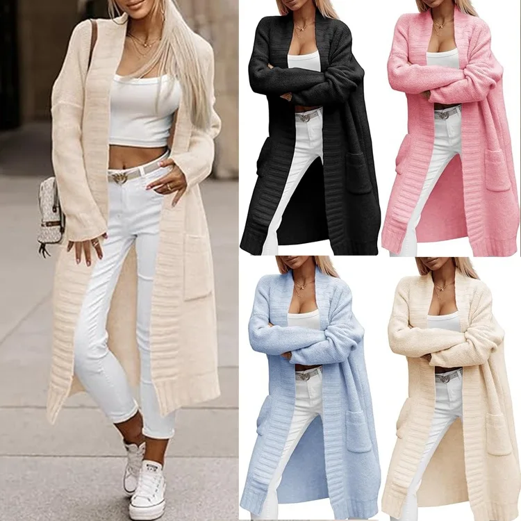 

Свободный длинный вязаный кардиган, женские модные осенне-зимние хлопковые толстовки с кеточками, повседневные удобные женские топы