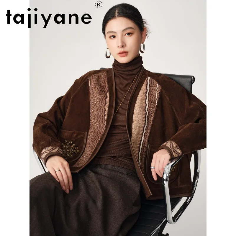 TAJIYANE Genuine Leather Jacket Woman Short Sheepskin Suede Leather Coats Vintage Jackets for Woman V-neck Outerwear Loose 가죽자켓