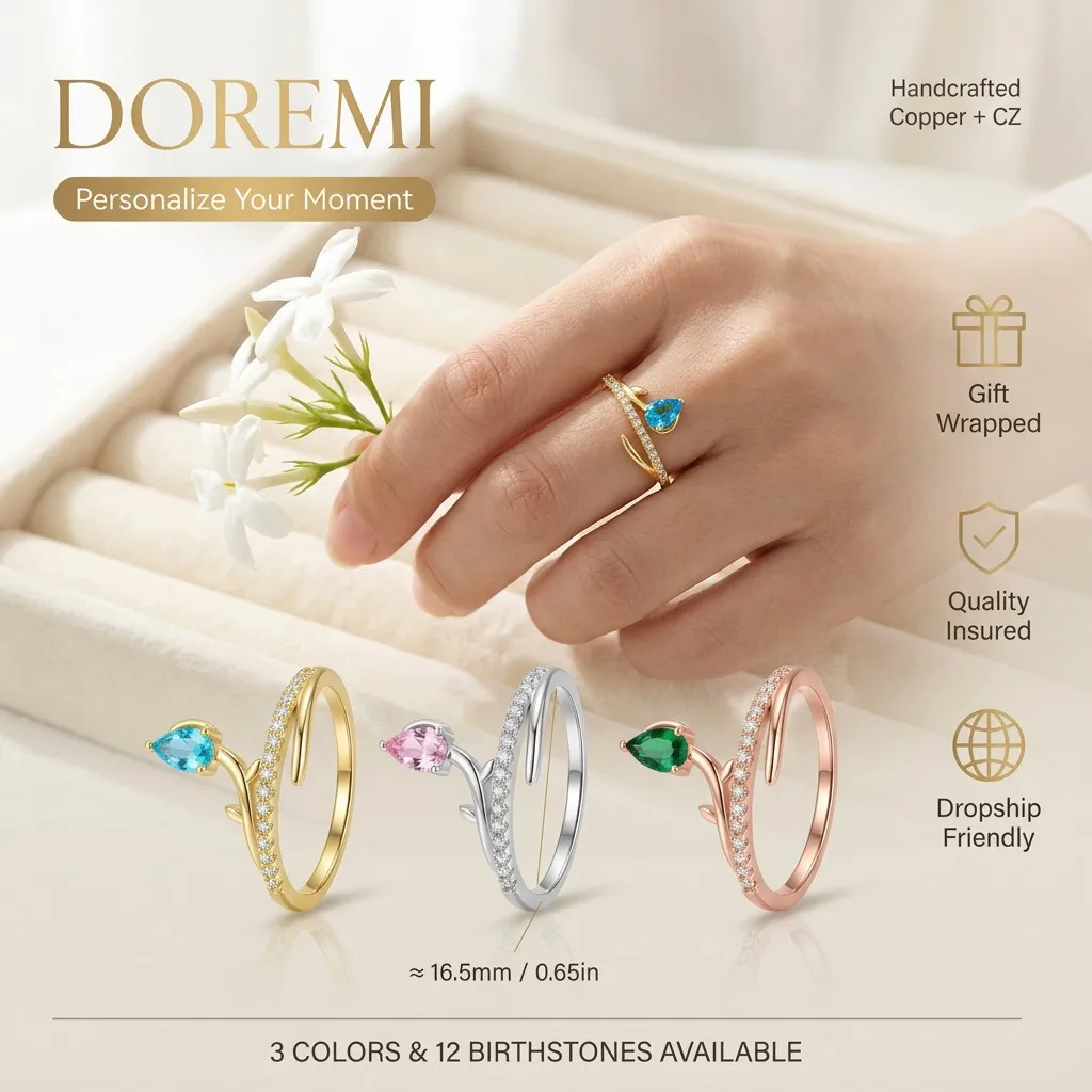 DOREMI Waterproof Stainless Steel Birthstone Ring Flower Branch Adjustable CZ Personalized Jewelry Gift for Her Ring