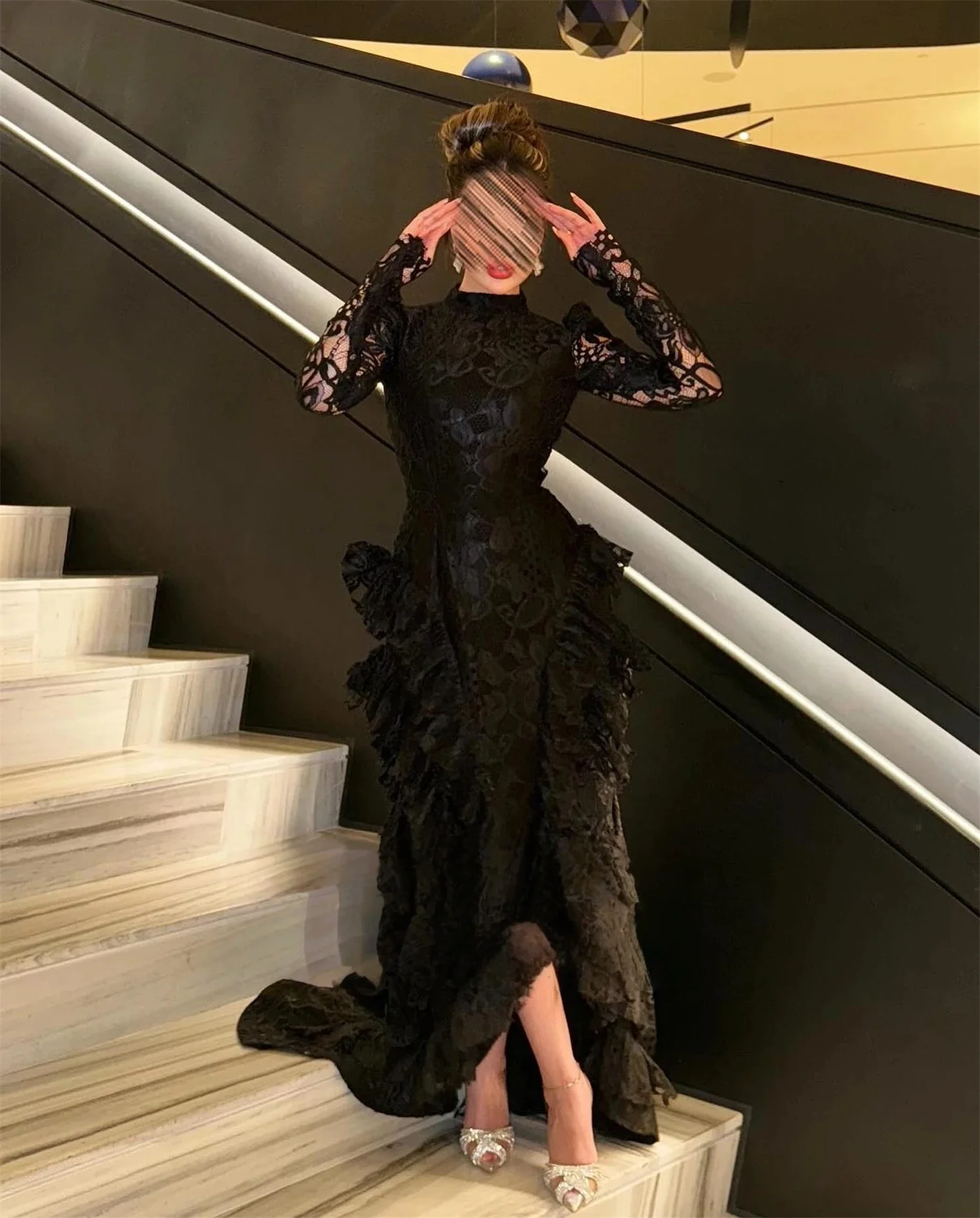 

Black Lace Long Sleeves Bespoke Occasion Gown Evening Dresses Prom Pastrol Unisex Jersey Retro Dubai Saudi Arabic Customized