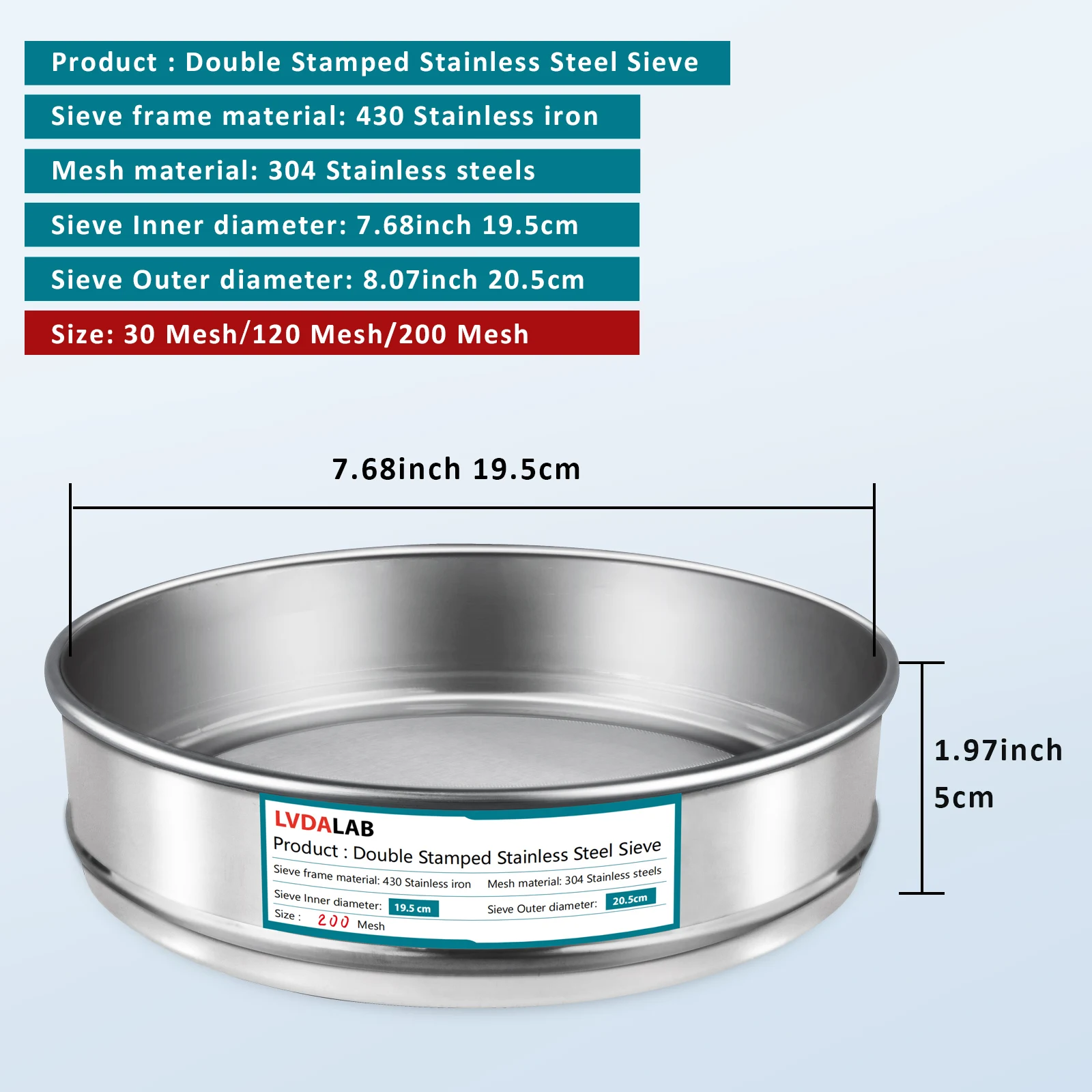 3pcs/lot Standard Lab Test Sieve Set Assortment 304 Stainless Steel Mesh Sieve Aperture Test Sieve Dia 20cm