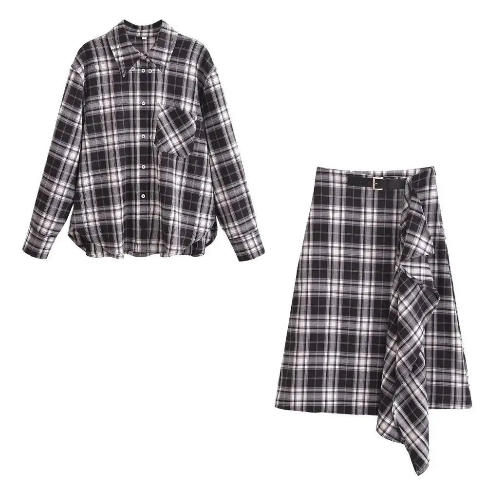 

Women's Single Breasted Pocket With Plaid Long Sleeved Lapel Shirt, High Waist Slim Fit Skirt, Winter New Fashion Set