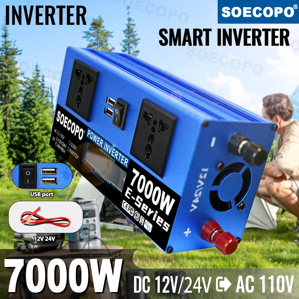 

SOECOPO 7000W Car Inverter Dual Voltage Input DC 12V/24V to AC 110V(2 USB Ports 2 Sockets) Car Voltage Converter for Camping RV