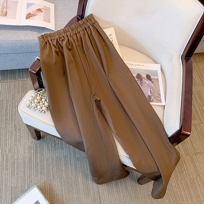 Plus-size women's spring casual pants brown polyester wide leg pants loose comfortable commuter pants hip size 160 plus