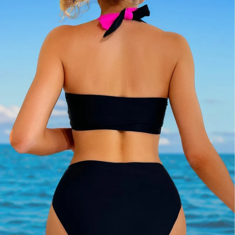 Damskie bikini w stylu europejskim i amerykańskim, z blokami kolorów, wiszącą szyją, z wysokim stanem, dwuczęściowy strój kąpielowy z rozcięciem