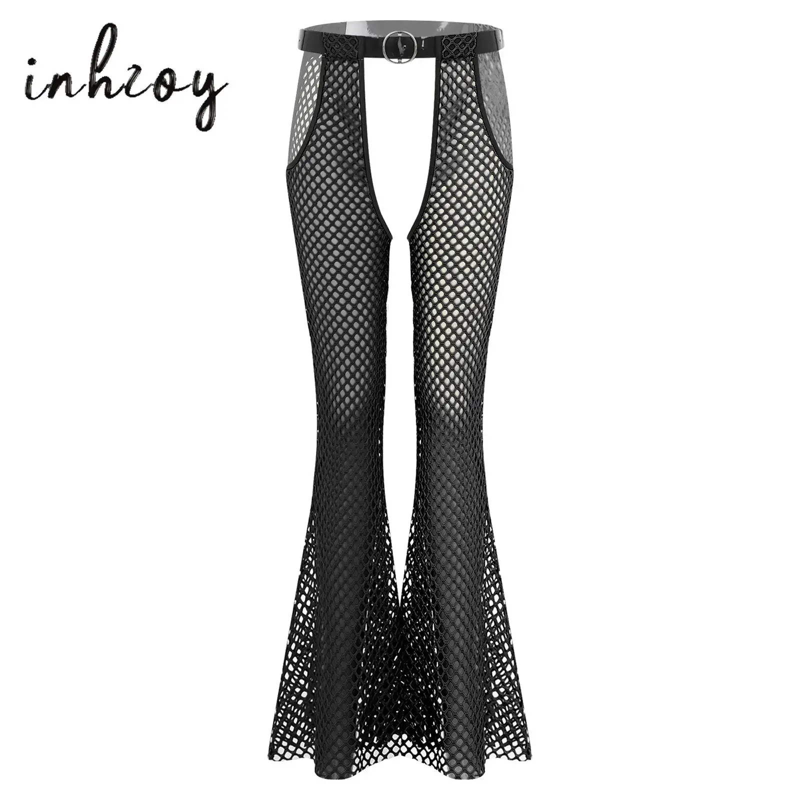 

Womens Fishnet Mesh Chaps Hollow Out Crotch Wide Leg Pants Contrast Color Trousers with Belt for Halloween Rave Club Party Dance