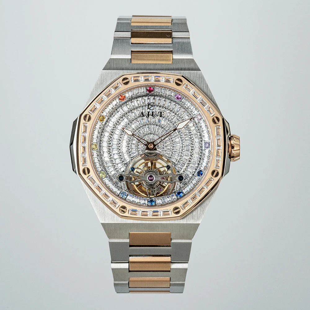 AJUT Flying Tourbillon Watch Man 0524 Automatic Mechanical Skeleton Sapphire Diamond Dial Watches for man Luxury Vintage