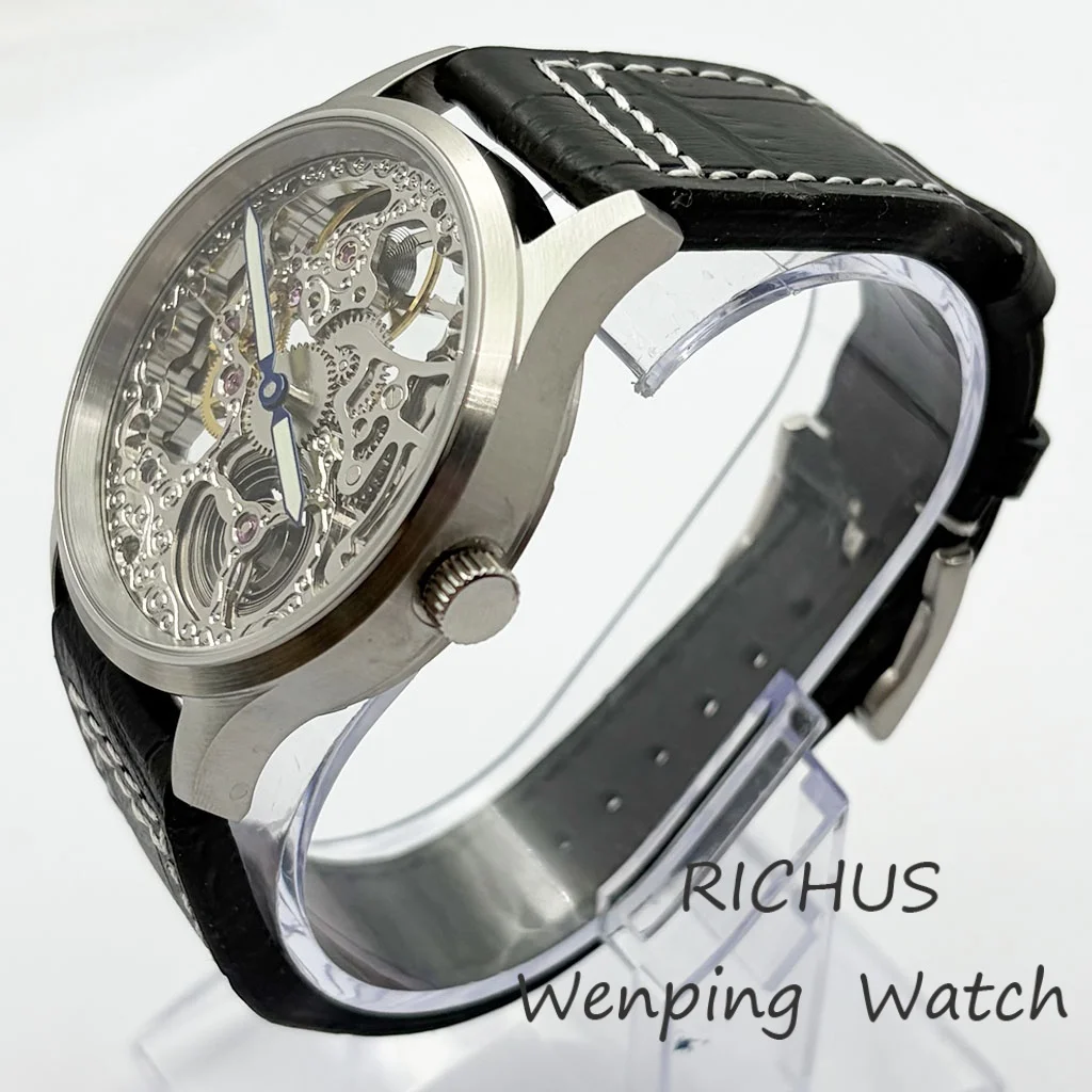 Mens Top Watch 43mm Sapphire Glass Brushed Case 17 Jewels Full Skeleton Movement Leather Strap  Mens Retro Watches