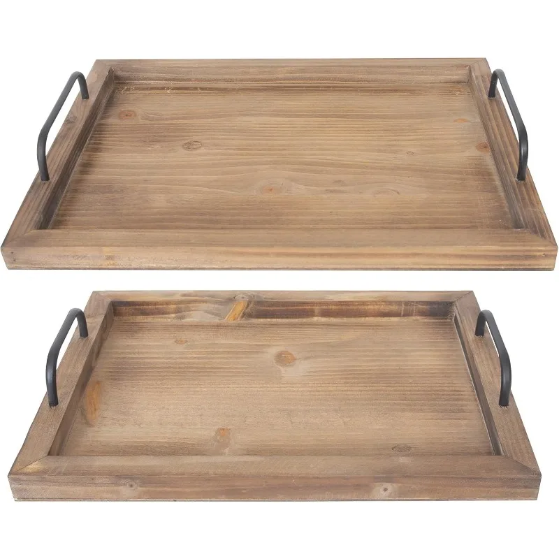 Rustic Vintage Food Serving Trays (Set of 2) | Nesting Wooden Board with Metal Handles | Stylish Farmhouse Decor Serving