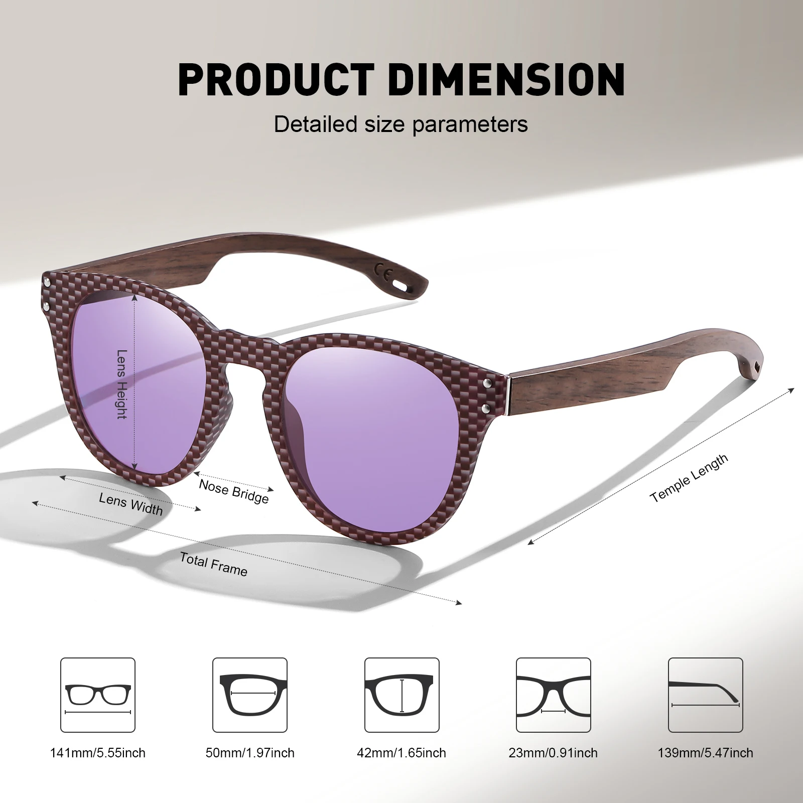 GM Natürliche Holz-Sonnenbrille für Herren, Polarisiert, Modisch, Schwarznuss, UV400, Kohlefaser, Polycarbonat-Sonnenbrille 8022 – Detail 3