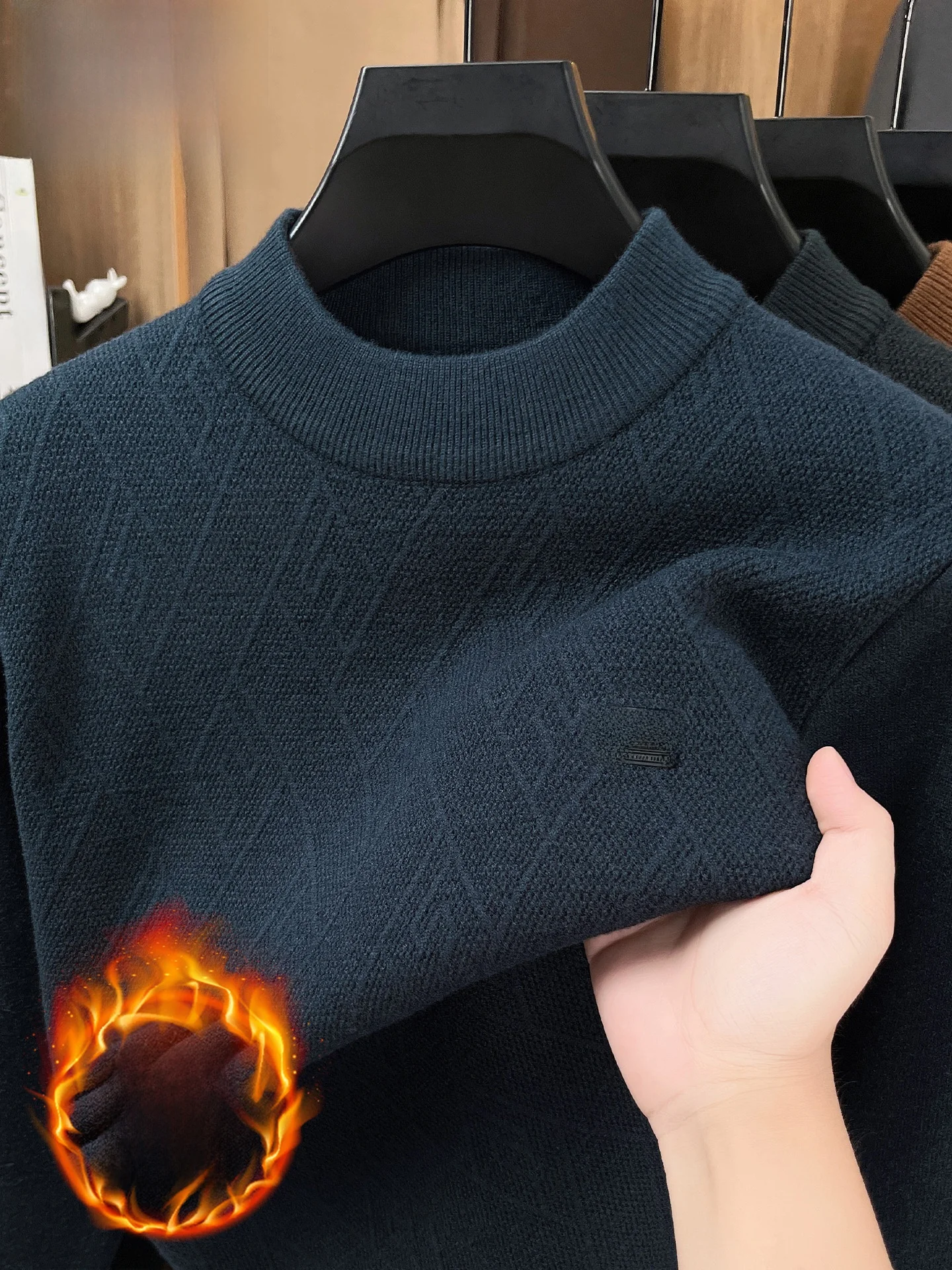 Suéter Masculino de Tricô com Gola Meio Alta e Forro de Lã sso, Estilo Casual Quente de Inverno, Roupa para Pais, Marca TU...