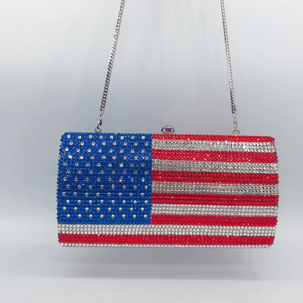 American Flag Diamond-encrusted Dinner Bag Horizontal Square Stripe Full Diamond Clutch Banquet Women's Bag Flat Bottom Diamond