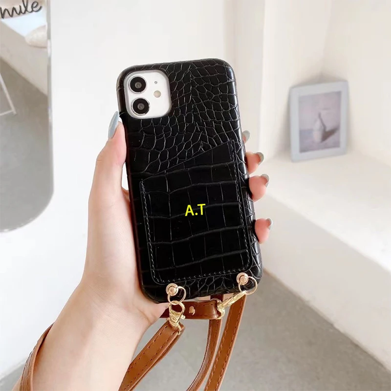 Customized name crocodile leather Phone case gold letters cover with crossbody lanyard cardholder iPhone 11 12 13 14 15Pro Max