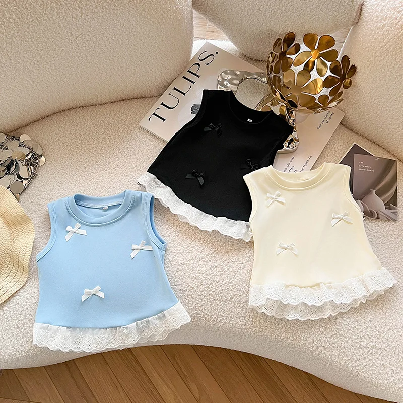 Vest baby foreign style children's tide Korean version sweet lace bow sleeveless top girls summer wear