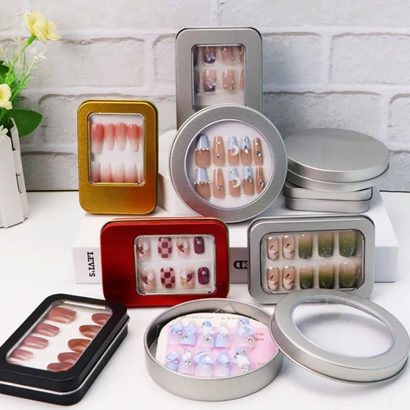 Round Rectangular False Nail Tips Packaging Box Tinplate Nail Art Display Stand Dustproof Storage Box WIth Clear Window