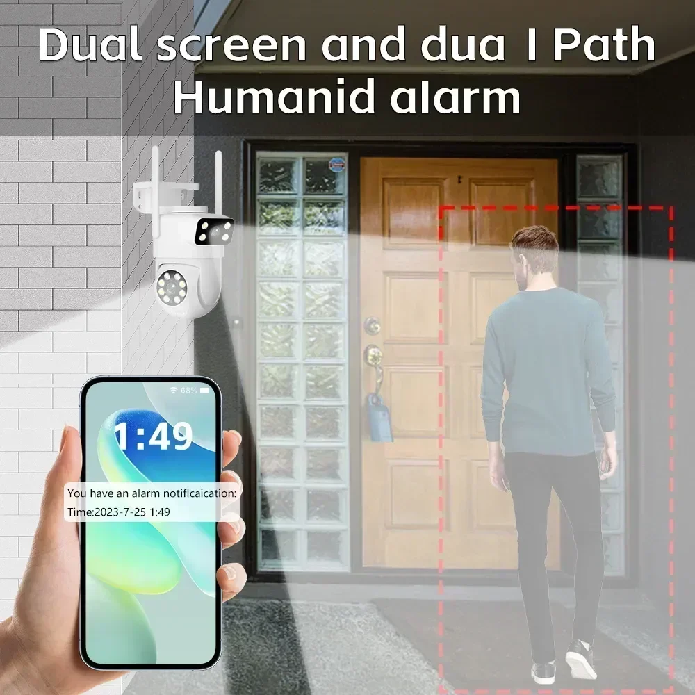 Câmera de vigilância de segurança externa Dual Lens, rastreamento automático AI, PTZ, Wi-Fi, Full HD, Tuya Compatível, 4MP Dual Screen, 8MP