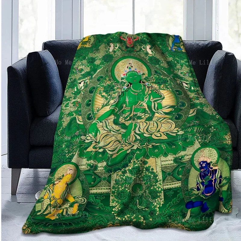 Green Tara Sitting On The Lotus Moon Wheel Buddhism Thangka Art Flannel Blanket By Ho Me Lili Fit For Home All Seasons Use