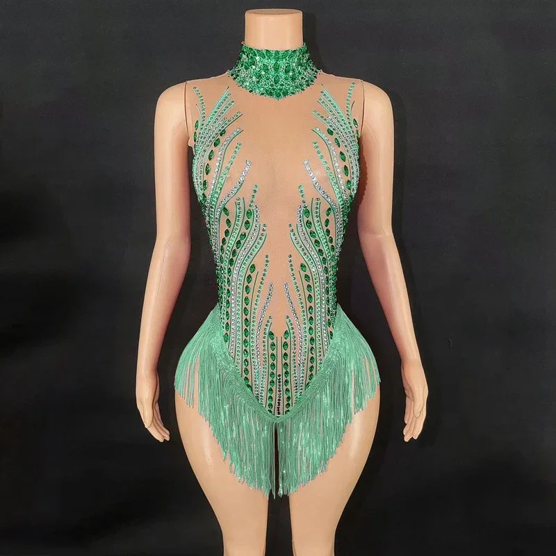 Body con flecos y diamantes de imitación para mujer, vestido Sexy de malla para fiesta de baile en barra, traje de Bar Ds Dj Gogo, ropa para discoteca, 8 colores