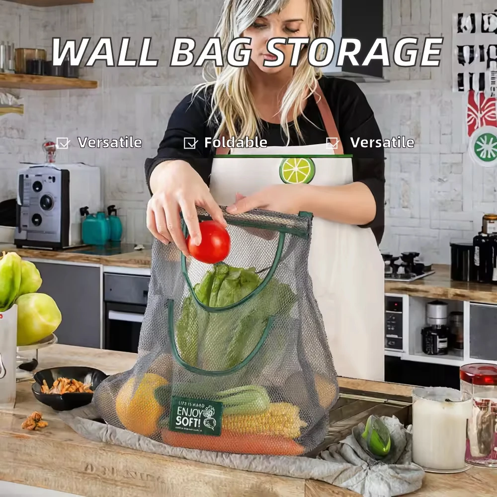

Многоразовая подвесная сетчатая сумка для хранения на кухне, дышащая сетчатая сумка для фруктов, овощей, имбиря, чеснока, лука, картофеля, настенный органайзер для дома