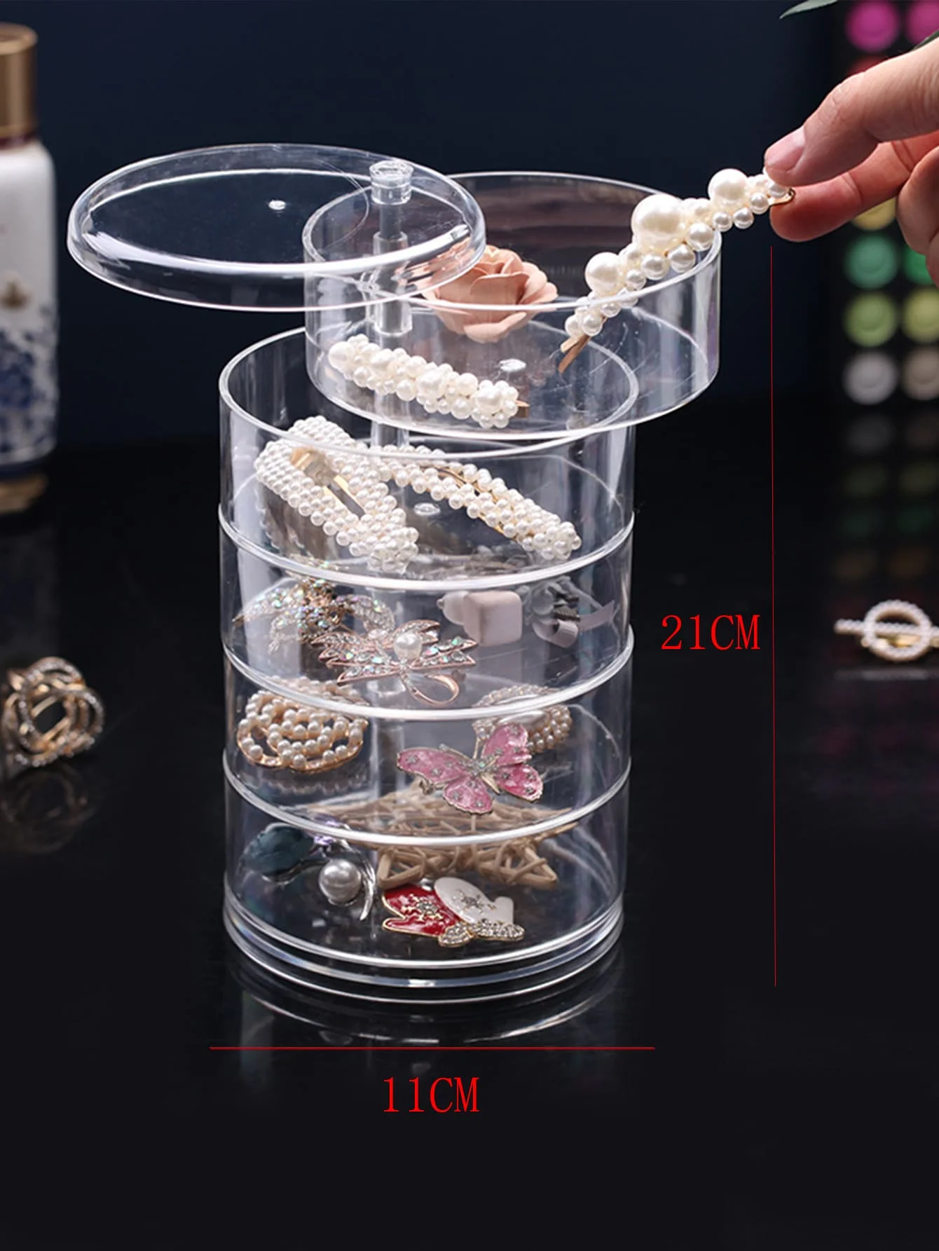 1pc Stylish & Large Capacity 3/4/5 Layers Rotating Jewelry Storage Box For Women, Transparent Desktop Organizer Dust-proof Hair