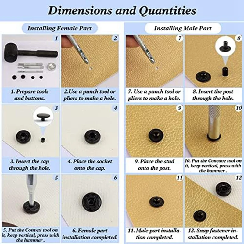Kit de fixadores de pressão de couro, 120 conjuntos de botões de pressão de metal com 6 ferramentas de configuração, para roupas, pulseiras, jaquetas
