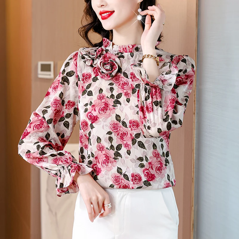 

2024 Spring New European Fashion Silk Flower Printed Long sleeved Shirt Loose Large Size Fashion Slimming Bottom T-shirt Top