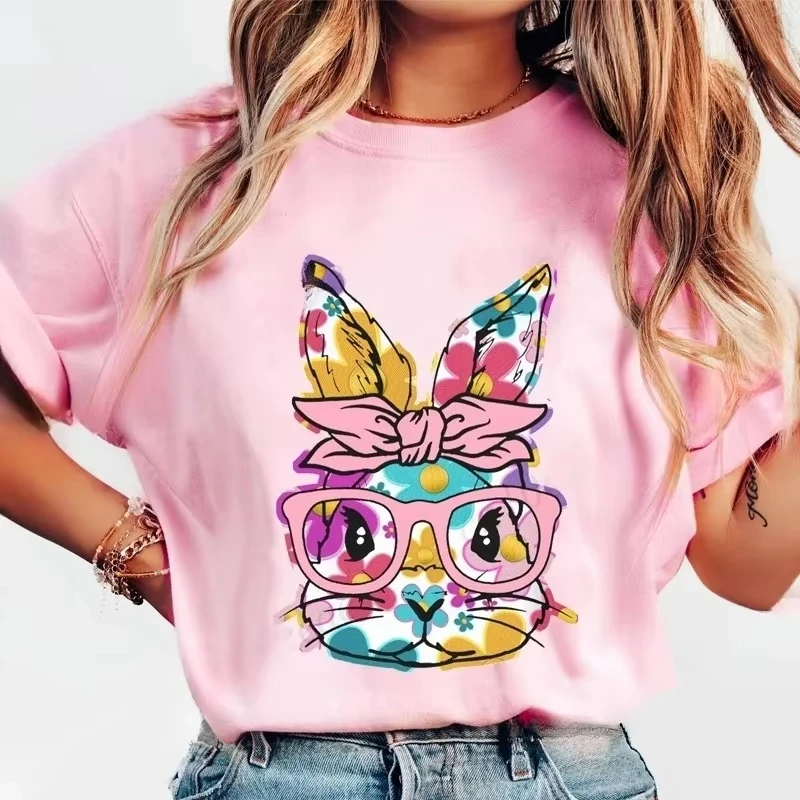 Unisex T‑shirt Easter Bunny Graphic Tee Crew Neck Short Sleeve Floral Rabbit Bow Glasses Bubble Gum Print Casual Top