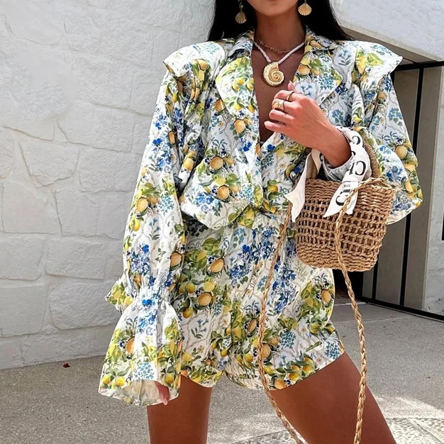 

Boho Printed Fashion Casual Women's Suit Ruffled Flare Sleeve Top Shorts Two Piece Sets Loose Autumn New Female Outfits