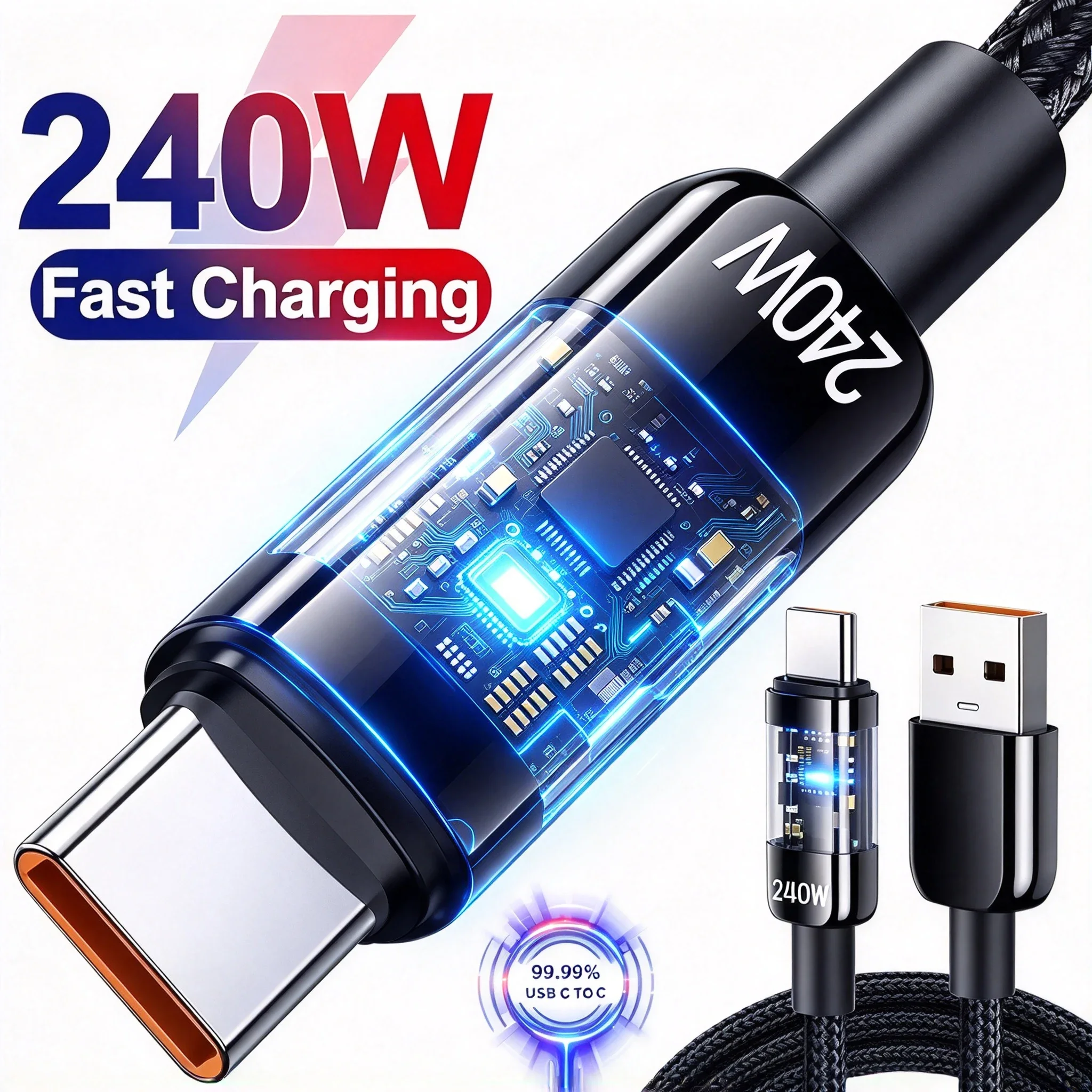 240W Super Fast Charge USB Type C Cable Transparent Chip LED Braided Phone Charger Wire for Huawei Honor Xiaomi Samsung