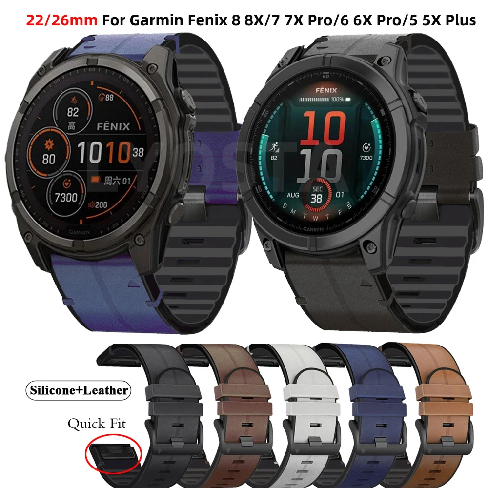 

Ремешок из кожи и силикона для Garmin Fenix 8 7X 7Pro, браслет для наручных часов Easyfit 47 мм 51 мм 6X 6 Pro Enduro 3, 22 мм 26 мм