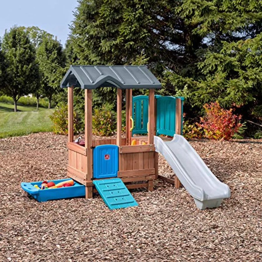 Woodland Adventure Playhouse & Slide, ensemble de jeu extérieur pour enfants, ensemble de terrain de jeu d'arrière-cour, balançoires, tiroir de rangement, en bois et dur