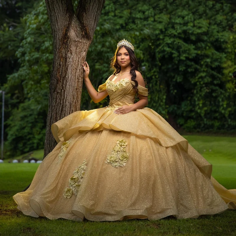 Personalizado brilhante ouro quinceanera vestido 2024 vestido de baile fora do ombro espartilho flor pageant doce 16 vestidos de xv años yqd494