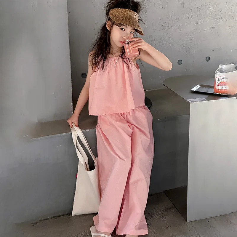 Girls Summer Suit 2024 New Children Fashion Suspenders Women Big Children Pants Two-piece Set Clothes Simple Casual Suits