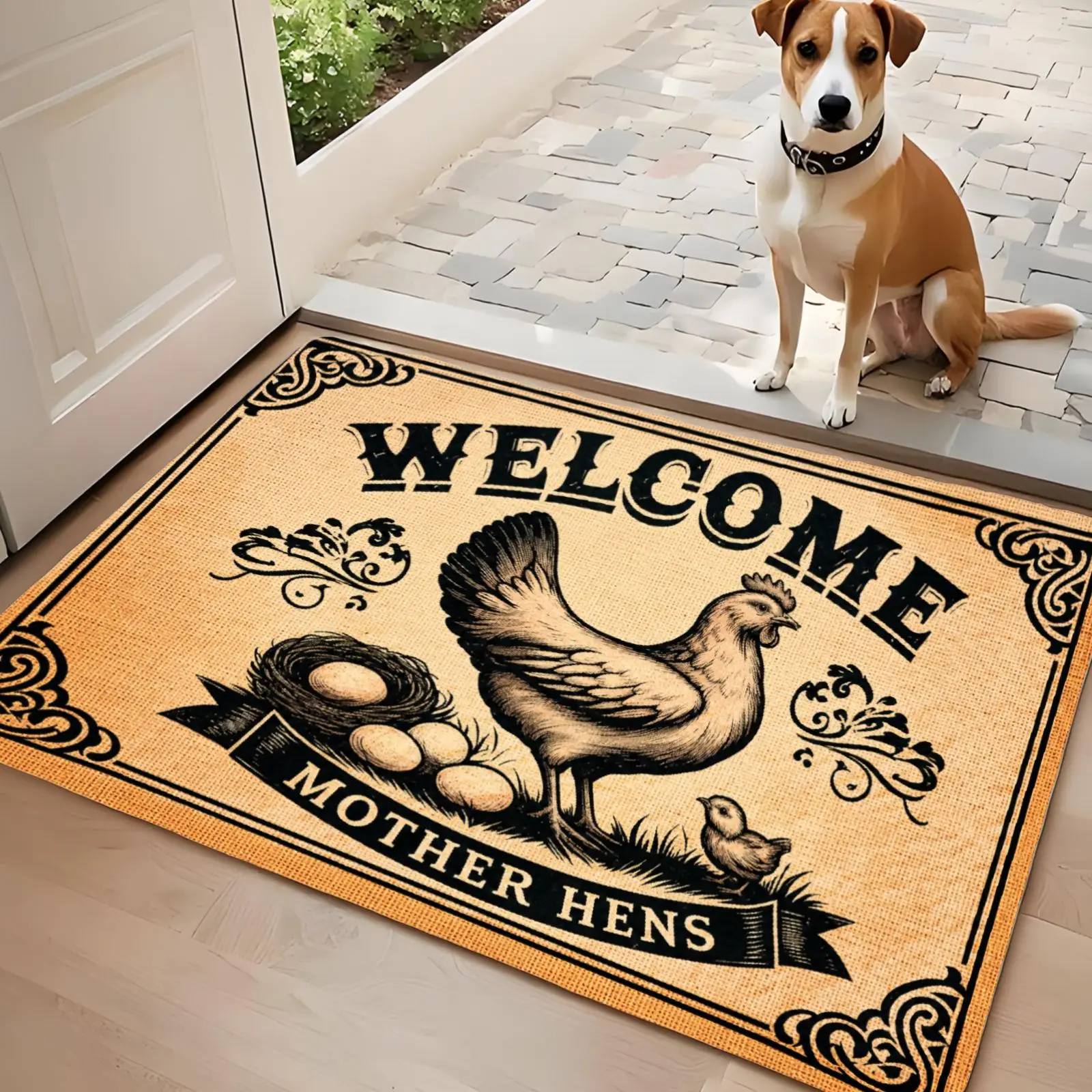 3PCS Kitchen Rugs,Home Decoration for Front Door, Kitchen, Bathroom, Welcome Mother Hens Chicken Pattern Print Dining Mat