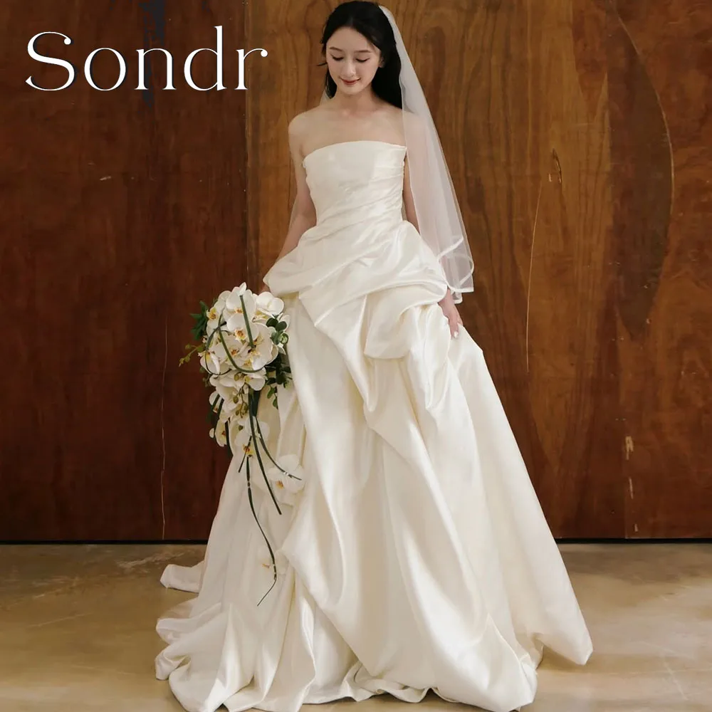 Sondr Customized Vintage Pleat Wedding Dress Strapless Ivory Satin A-Line Korea Photo shoot Bridal Reception Gown New 2026