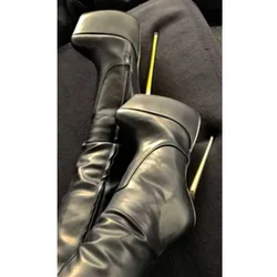 Black Matte Leather Platform Boots Knee High Thin High Heel Fashionable Sexy 2024 Winter Big Size Woman Shoes Zapatillas Mujer