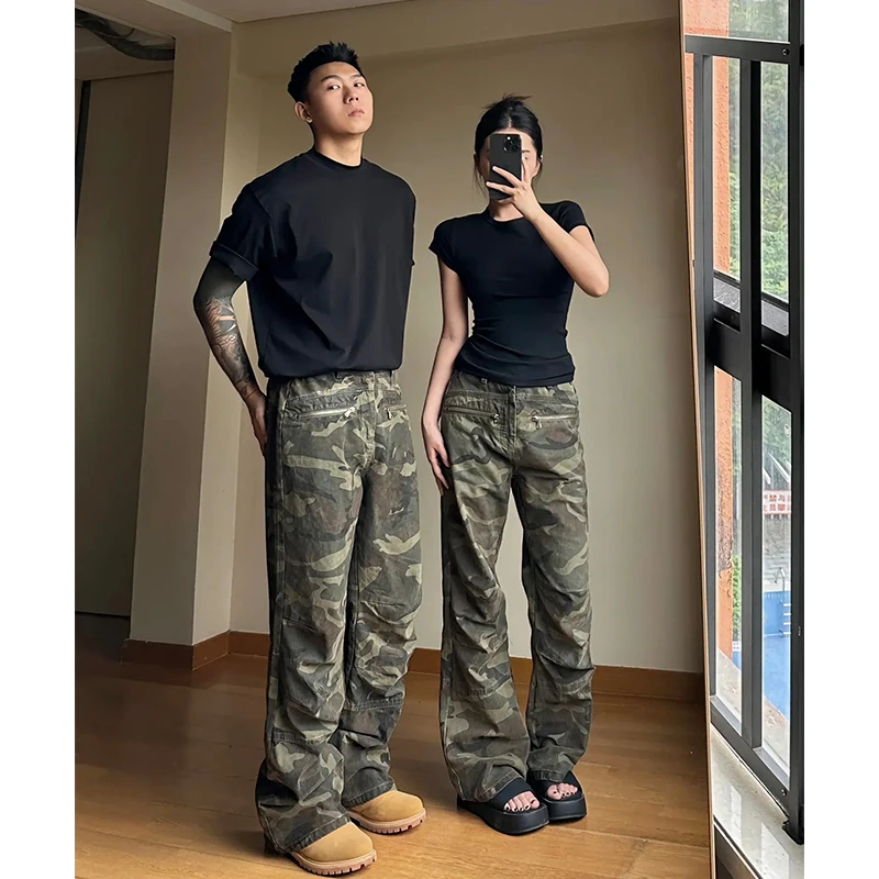 

Мужские летние тонкие джинсы в американском ретро-стиле с камуфляжным принтом, прямые рабочие брюки на молнии для мужчин