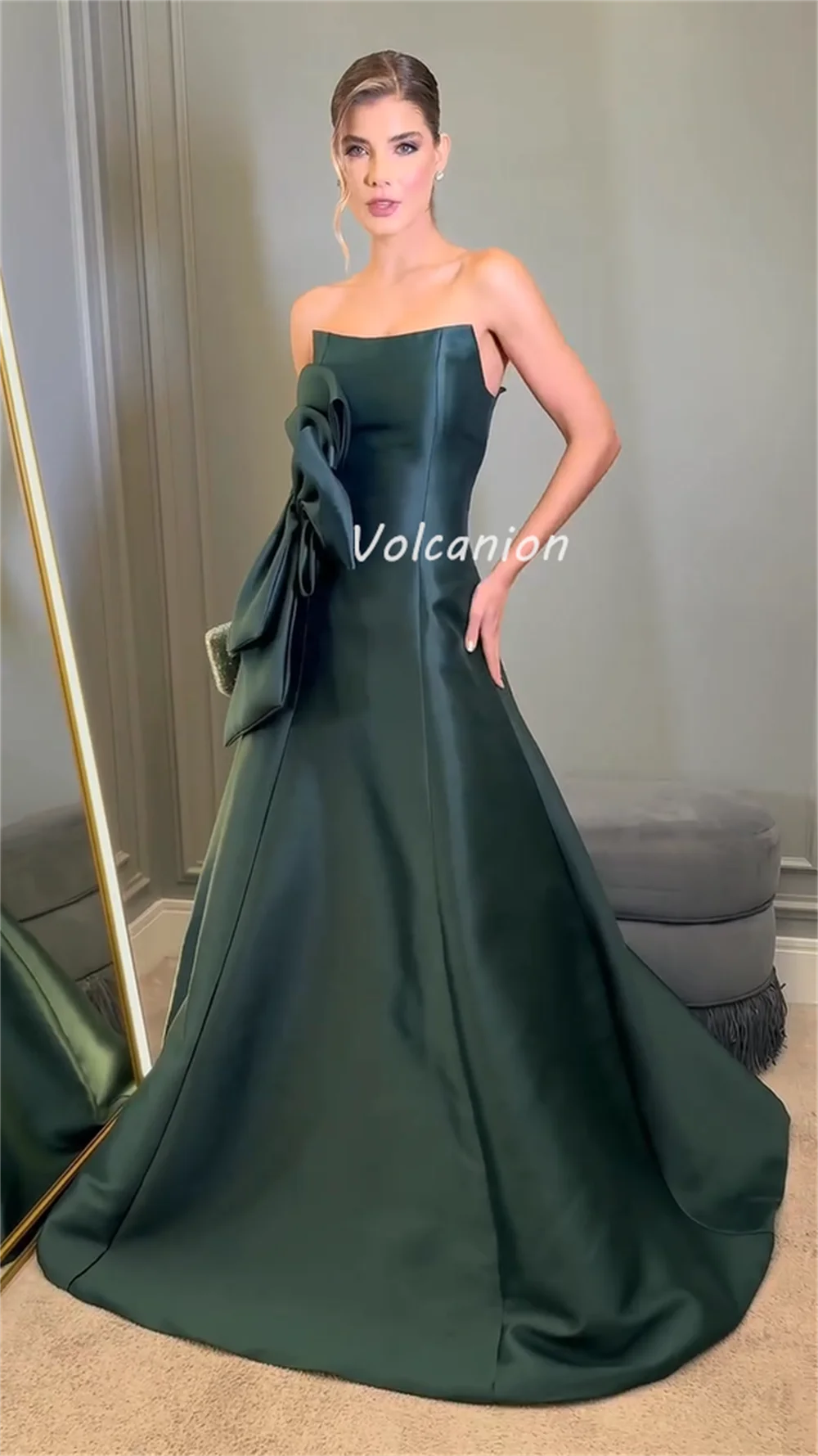 Customized High Quality Exquisite Charmeuse Bow Ruched A-line Strapless Long Dresses Bespoke Occasion Dresses Elegant Simple
