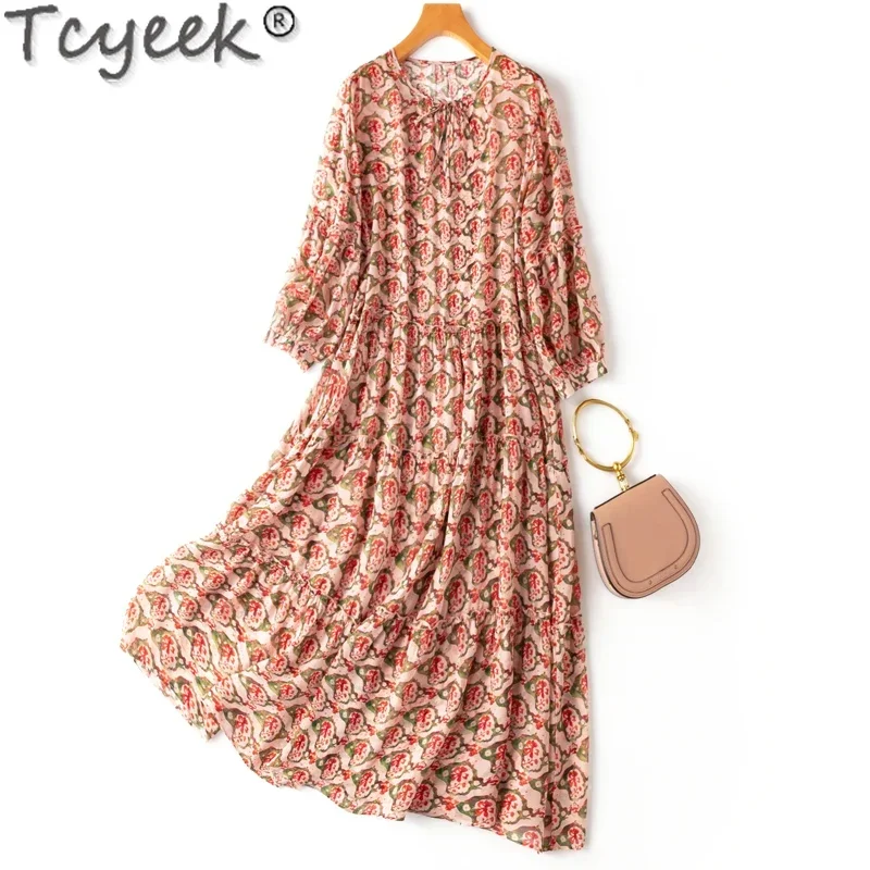 Tcyeek 100% Mulberry Silk Beach Dress Long Dresses for Women Summer Clothes 2024 Elegant Women's Dresses Printing Платье Женское