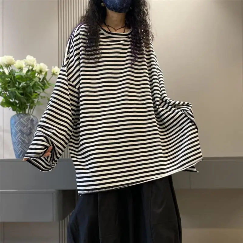 

New Spring Autumn Arts Style Women O-neck Loose Long Tshirt Good Quality 100% Cotton Casual Striped Tee Shirt Femme Tops YS128