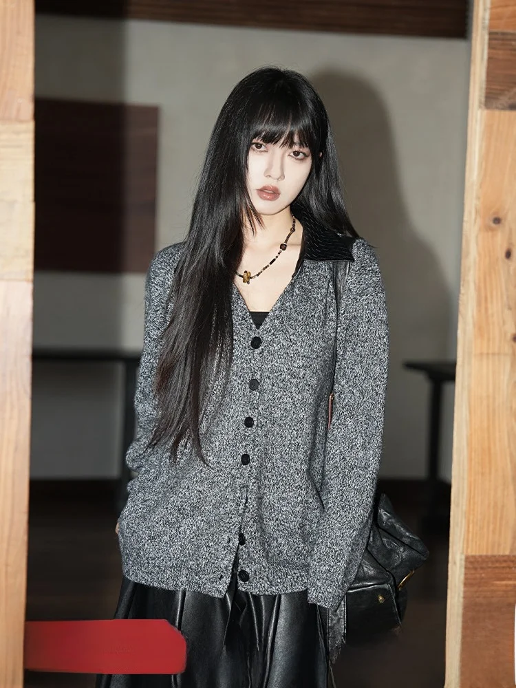 

Retro Color Blo V-Ne Knitted Open Cardigan Women's Loose Lazy Sle Sweater Jaet Top Autumn Winter New Arrival