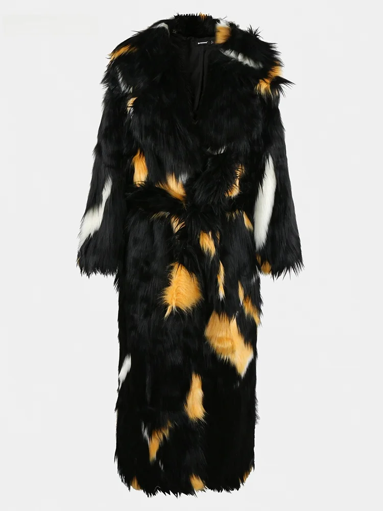 

Nerazzurri Long Fur Coat Women's Oversize Color Block Fur Jacket Belted Eco-Friendly Youth Winter Outerwear Standard Fit