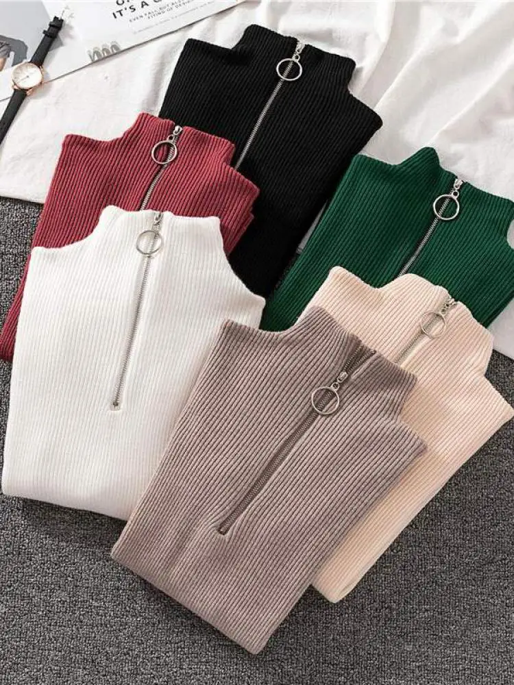 Women Fashion Solid Knitted Sweaters Vintage Long Sleeve Zip-up Basic Half Turtleneck Sweater Female Pullovers Chic Casual Tops