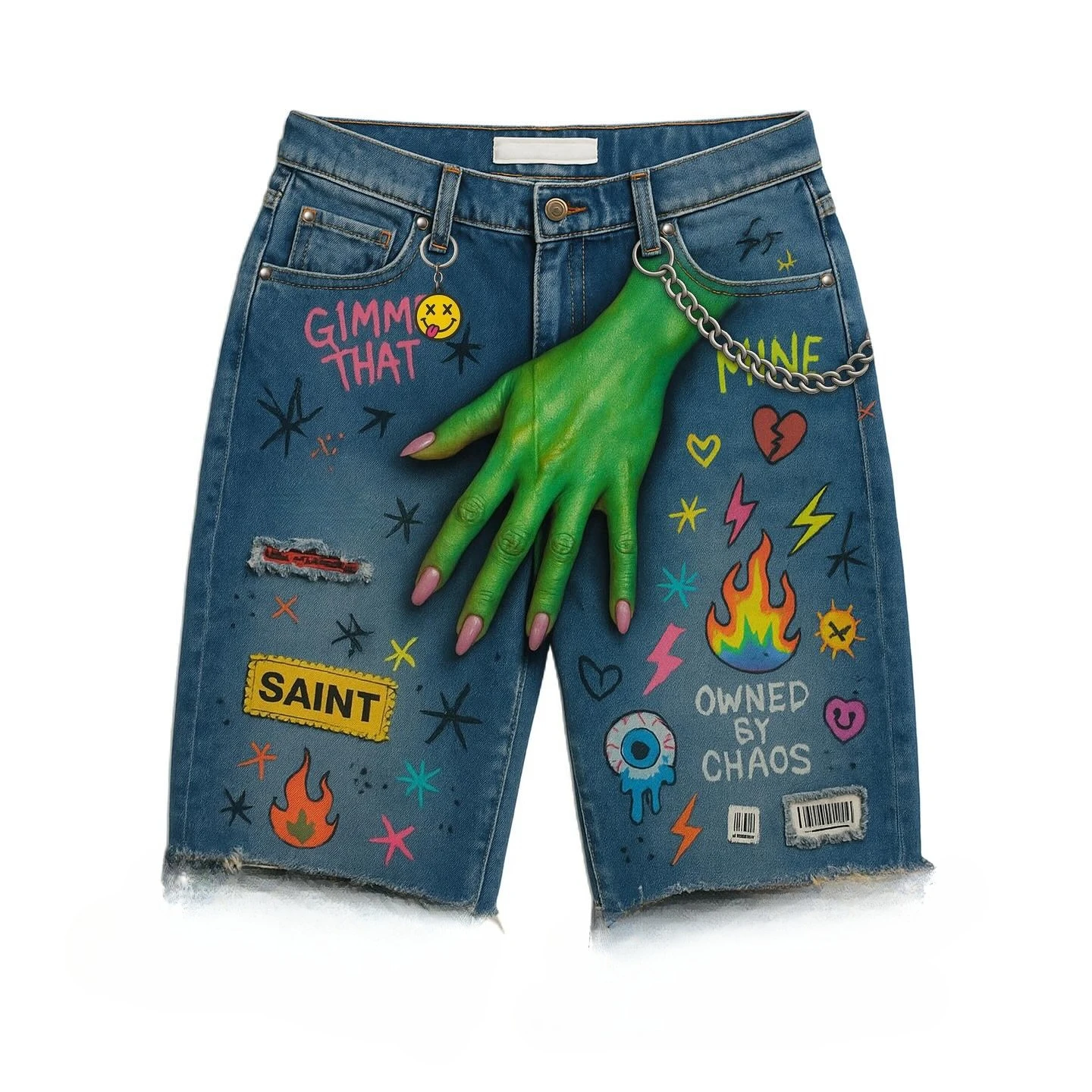 American Y2k Green Hands Print Shorts Harajuku Denim Blue Baggy Jeans Woman Streetwear Jorts Short Women Vintage Women Clothing