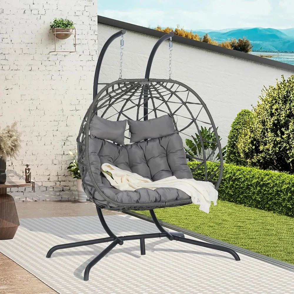 2 Person Double Swing Egg Chair with Stand, Patio Hanging Egg Lounger Chair Rattan Wicker Hammock Chair with Comfortable