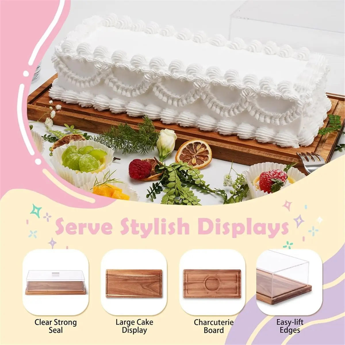 Wood Cake Stand & Acrylic Lid, Charcuterie Table Display Set, Wooden Dessert Board with Cover, Rectangle Flip Tray