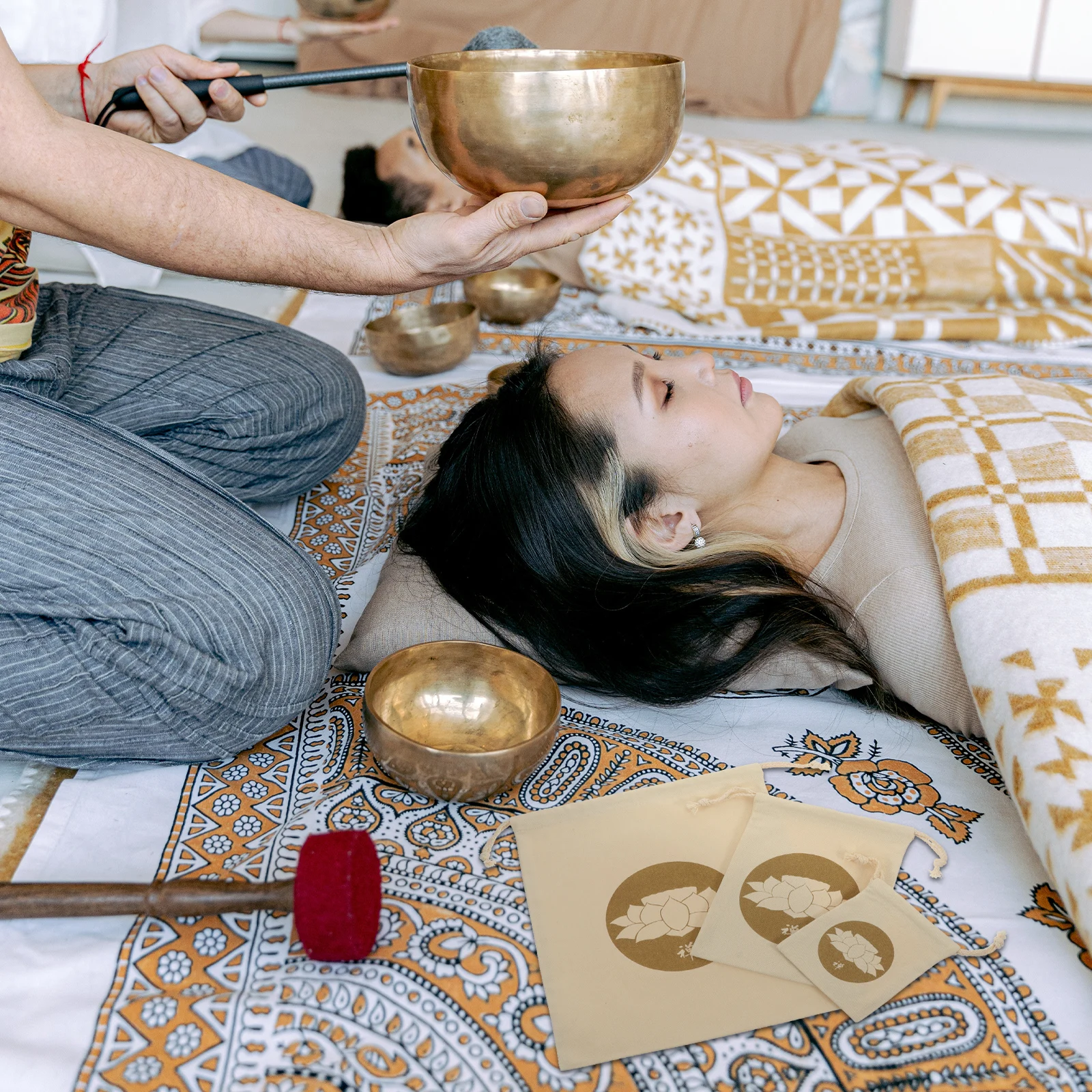 

3 Pcs Music Bowl Storage Bag Tibetan Meditation Burlap Sound Pouch Singing Carry Drawstring Large Carrying Bride