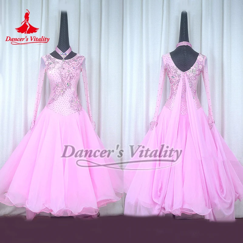 Women Waltz Pink AB Stones Long Sleeves Big Swing Dress Dancer's Vitality Adult Social Dance Practice&Match Clothing Customize